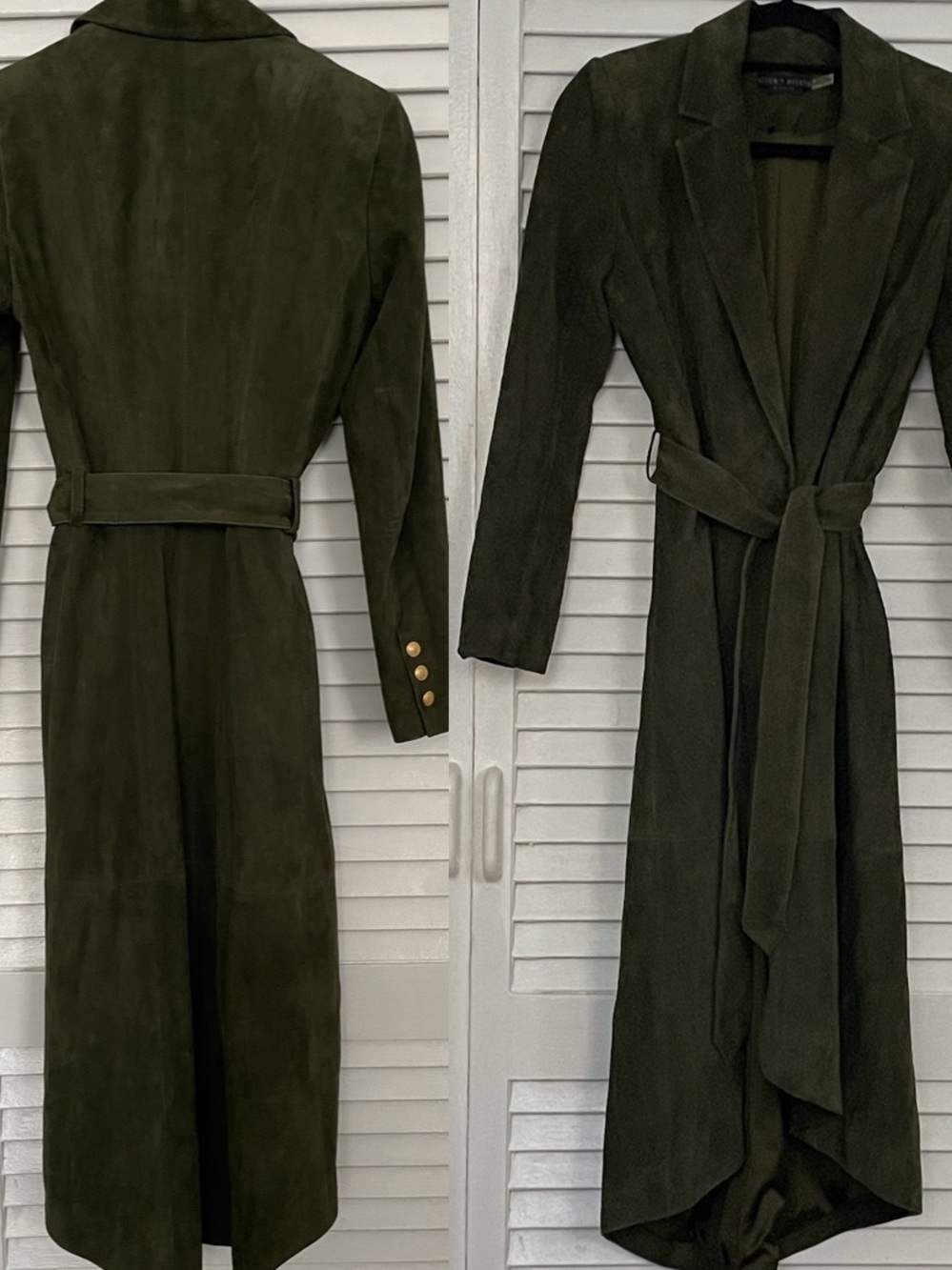 Alice + Olivia Dark Olive Suede Long Wrap Coat with Belt